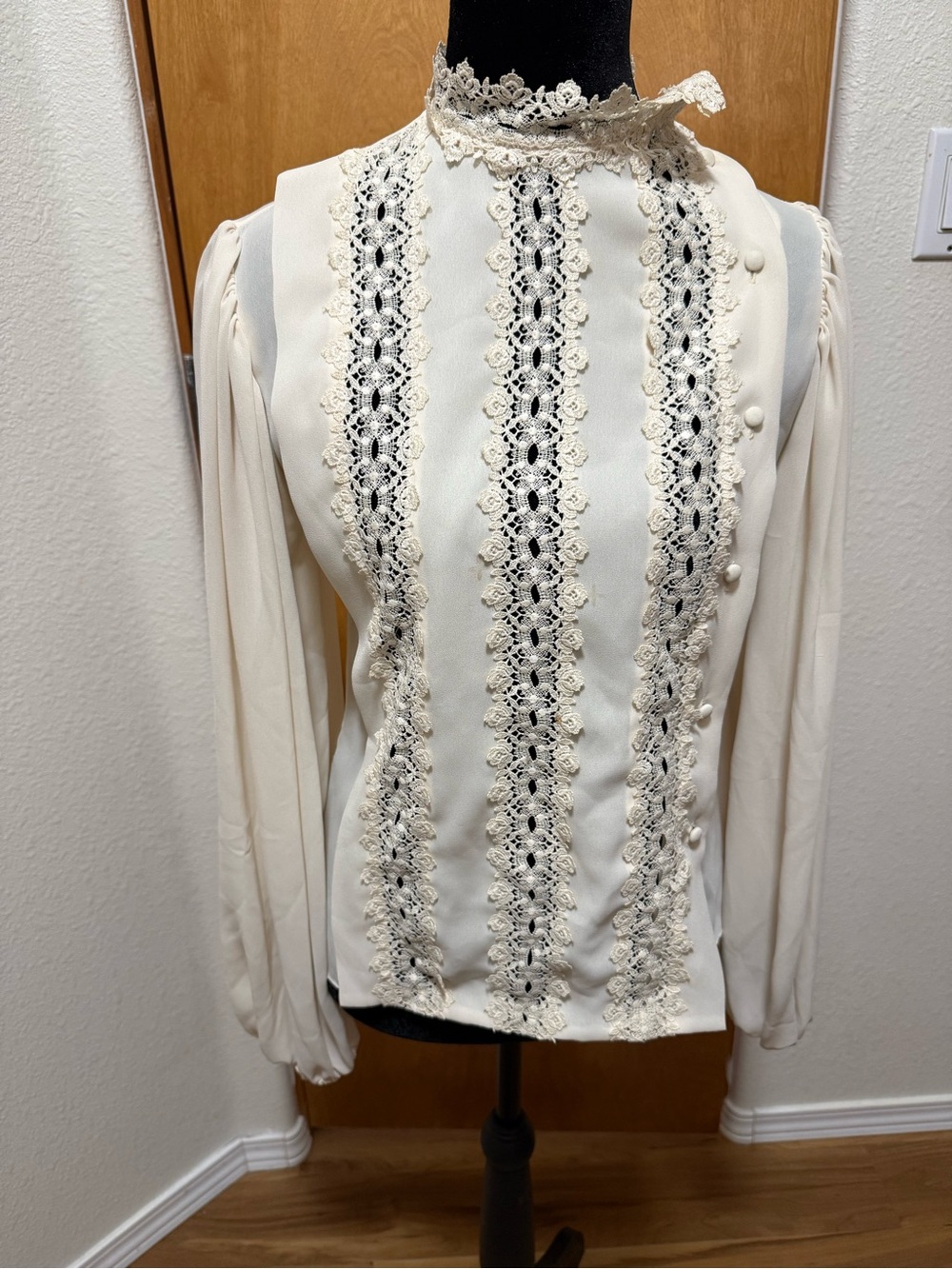 Cream Lace-Trim Victorian-Inspired Women's Blouse